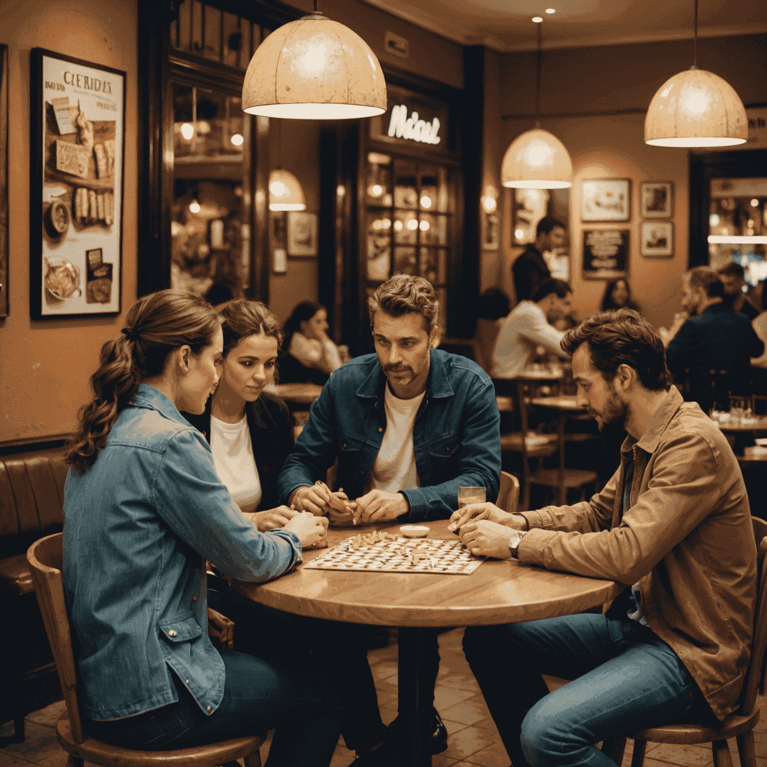 Grupo de personas jugando Stake en un café de Madrid, con fichas y tableros visibles